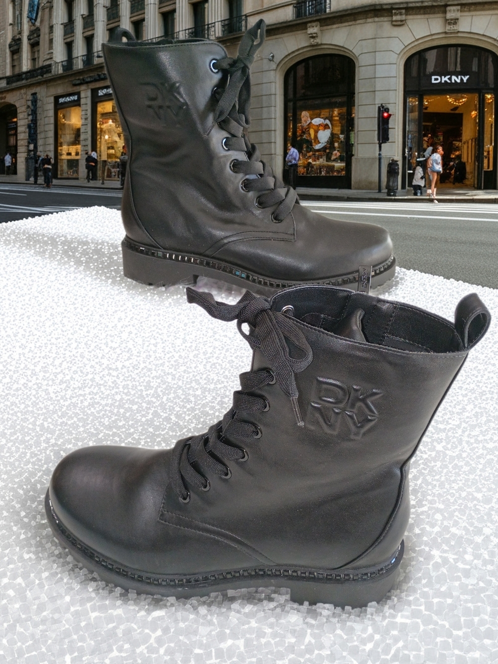 DKNY Logo Rommily Black Faux Leather Lace-Up Combat Boots Size 10